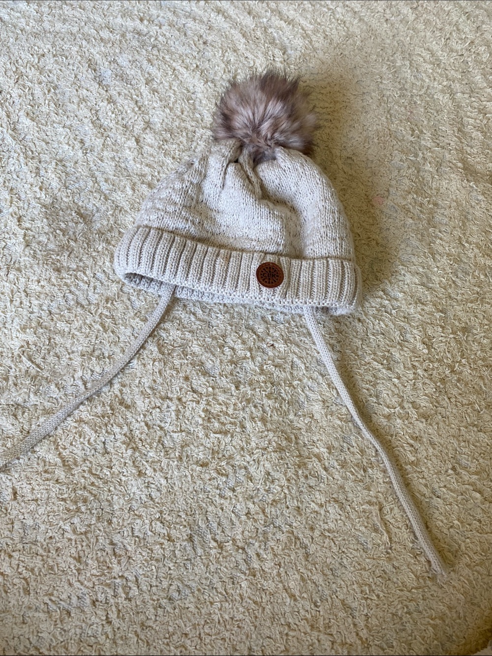 Kids Knit Pom Pom Hat with Ear Ties - Cream